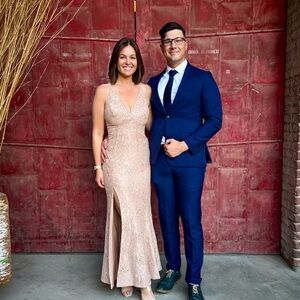 DRESS THE POPULATION V Neck Nude/tan Lace Gown, Size S.